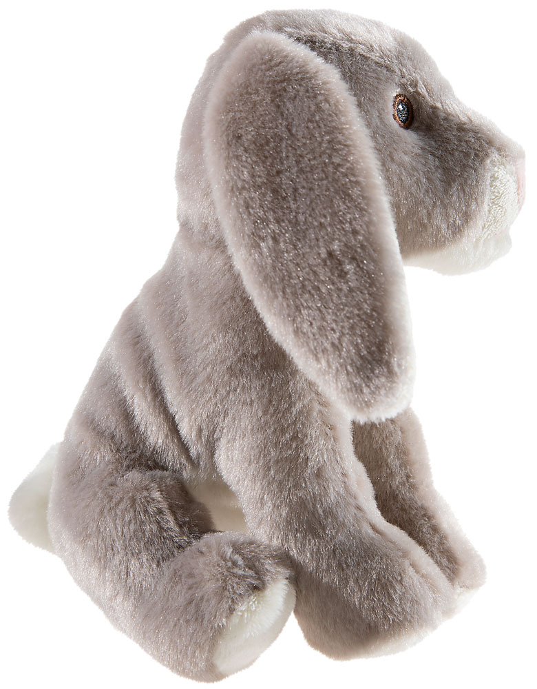 Bottle 2 Buddy Hase grau 15cm - Detailbild seitlich Heunec Hase 15cm - Plüsch Hase in grau mit weißen Details in sitzender Position aus der Bottle 2 Buddy Serie - Detailbild seitlich