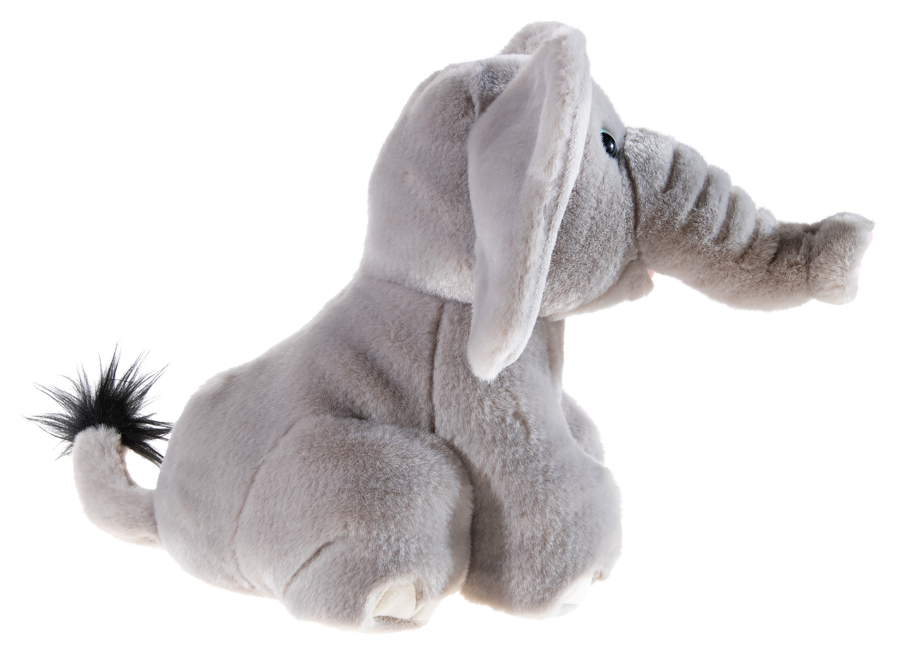 Heunec Elefant 25cm - Plüschtier Elefant  aus grauem Plüschfell in sitzender Position aus der bedrohte Tiere Serie - Detailbild seitlich