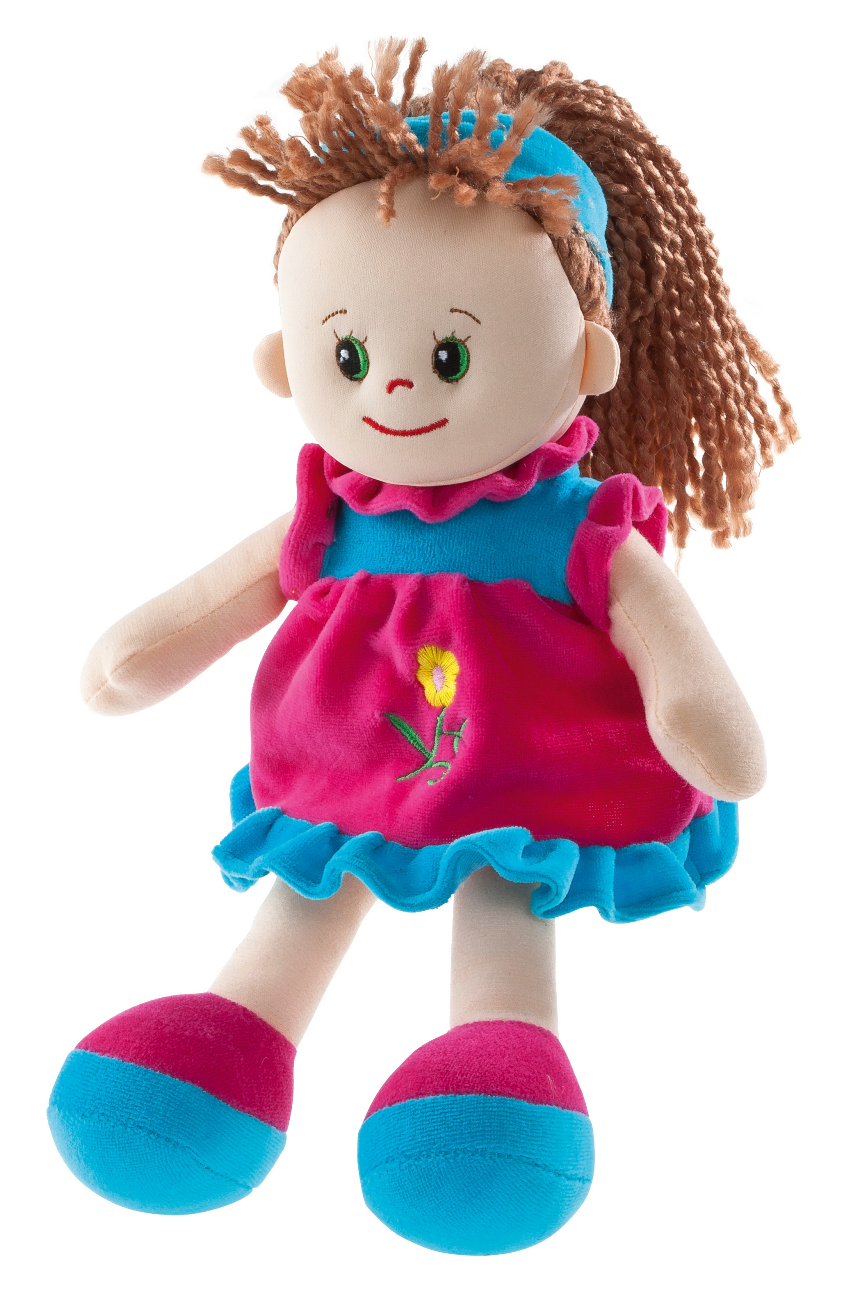 Heunec Poupetta Sarah mit braunem Haar und pink-türkisem Kleidchen und Schühchen in 30cm