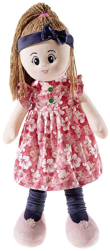 braunhaarige XL Puppe Chloé mit rosa-farbenen Balerinas, rot-weißem Kleid und Stirnband