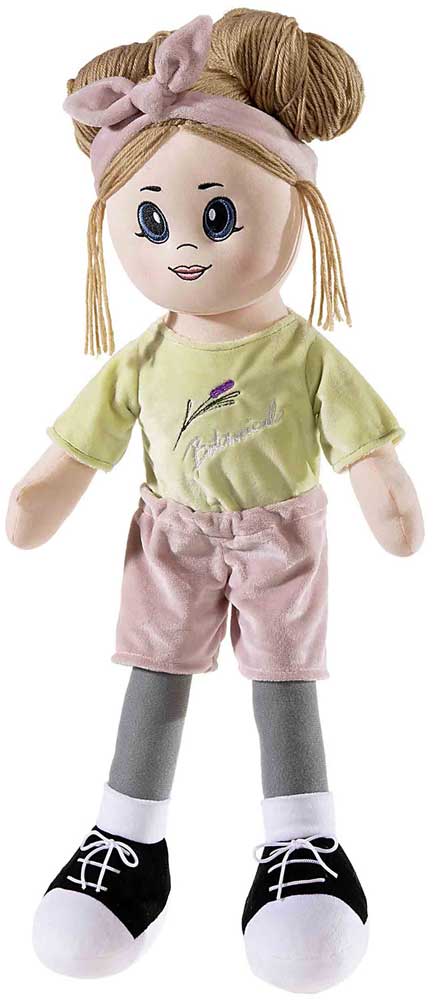 XL Puppe Lulu mit kurzer Hose, Turnschuhen, rosa Stirnband und lässigem, grünen Shirt