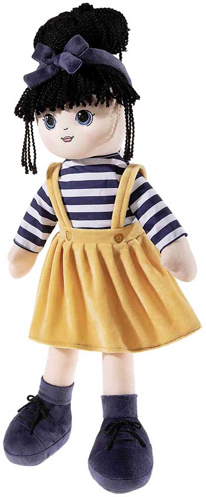 schwarzhaarige XL Puppe Milla mit gelbem Rock, gestreiftem Oberteil und Haarschleife